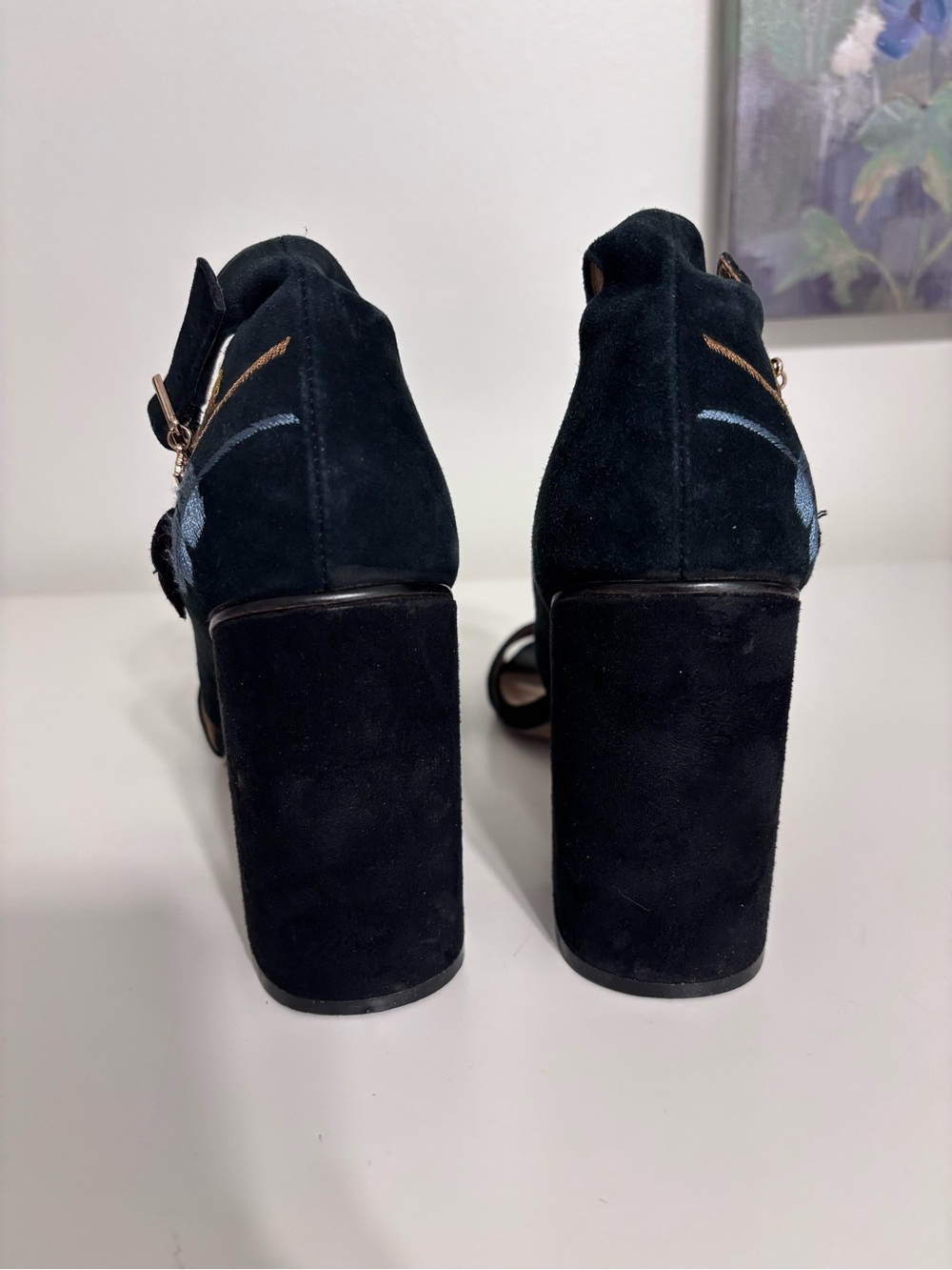 Nanette Lepore Martina Size 10 Black Floral Embroidery Mary Jane Block 4” Heels - Picture 5 of 11